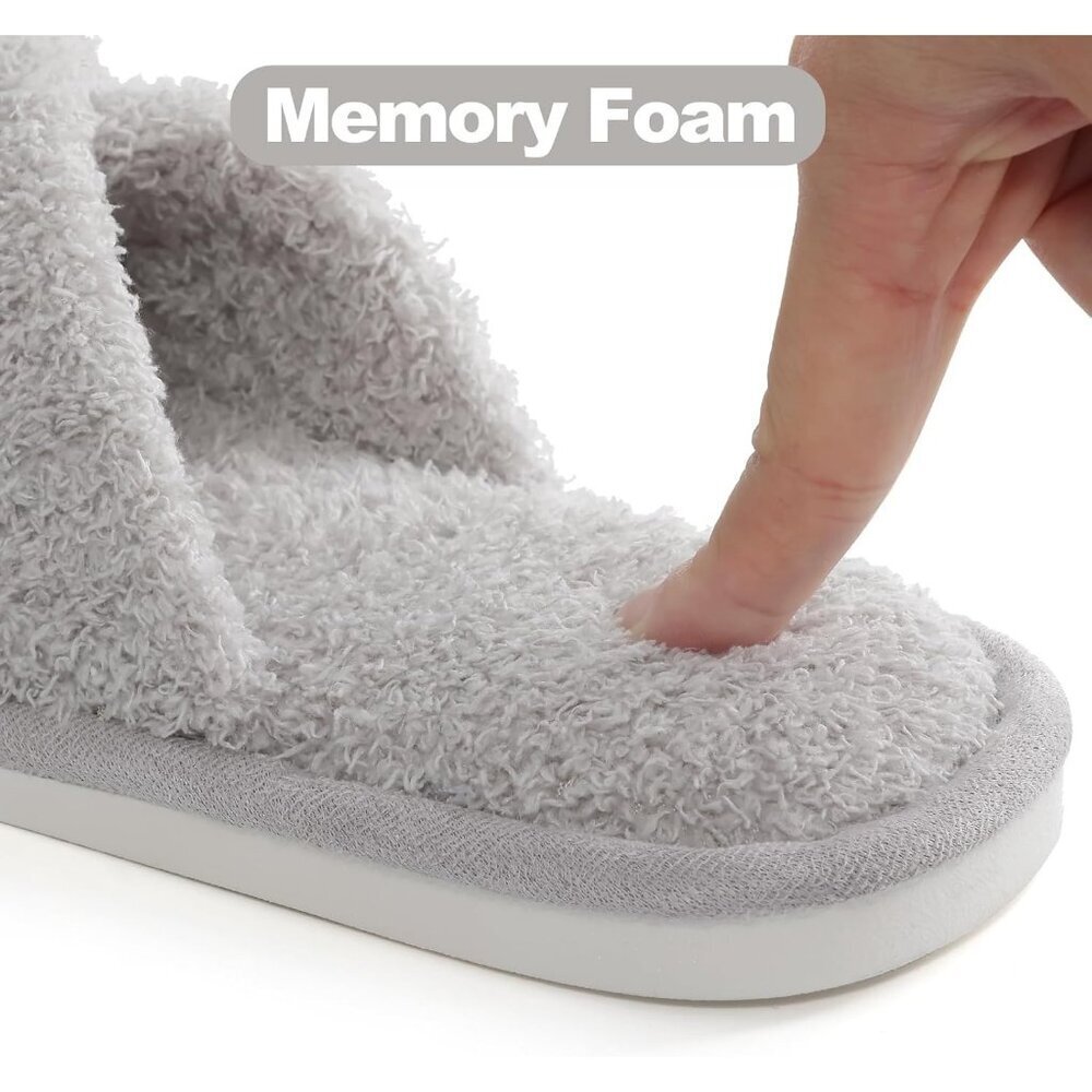 Women's Gray Fuzzy Cross Band Memory Foam Open-Toe House Slippers - Picture 4 of 6